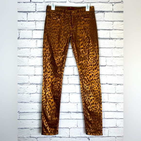 7 For All Mankind Metallic Gold & Brown Animal Print Leopard Skinny Jeans size 6 - Picture 16 of 16